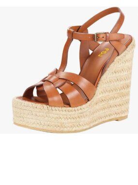 FSJ Brown Open Toe Espadrille Platform Ankle Strap Wedge Woven Cutout Sandals